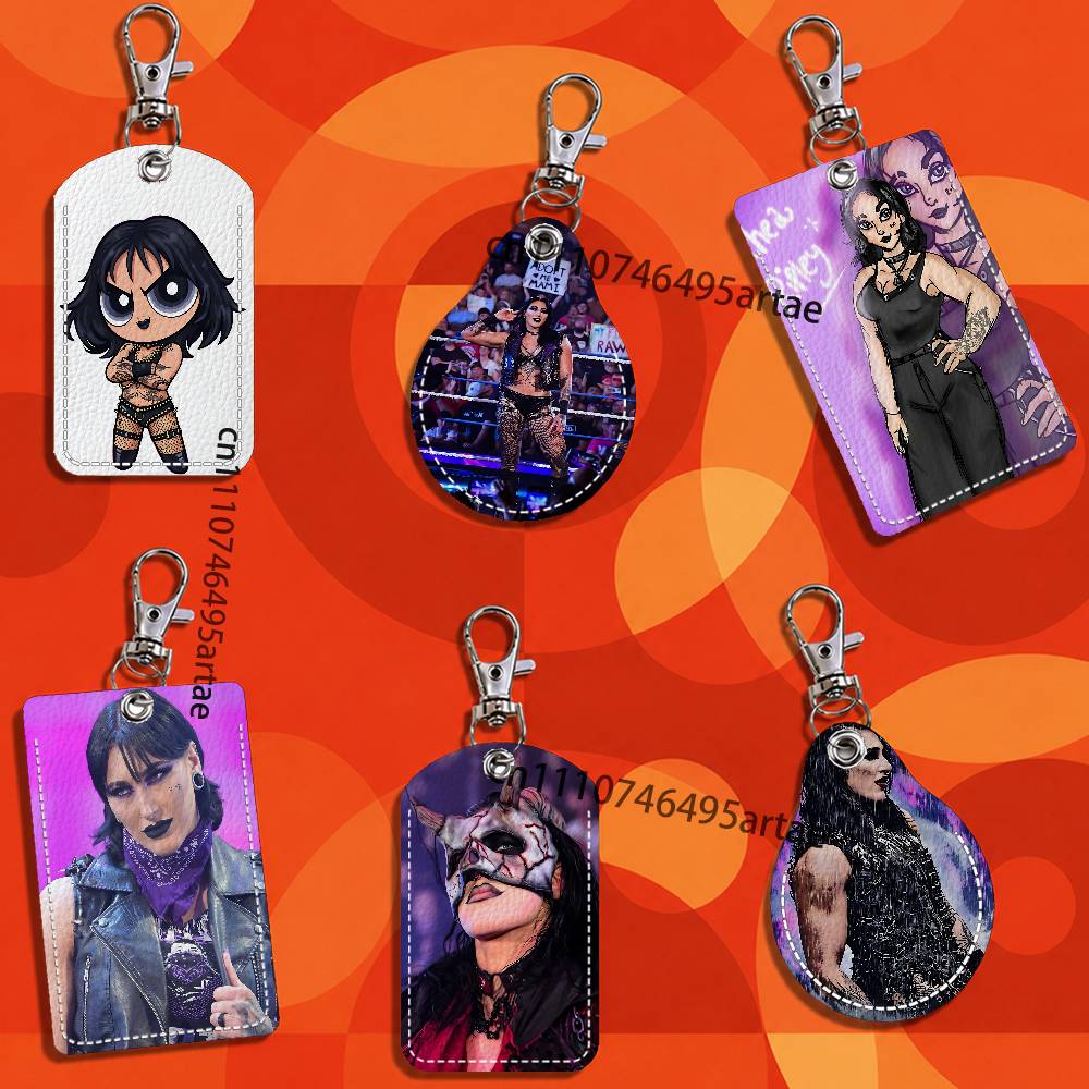 Key Holder Leather Pouch - กระเป๋าใส่บัตรรูปทรงสี่เหลี่ยมผืนผ้าลายการ์ตูน Mami black Rhea Ripley พร้อมพวงกุญแจ