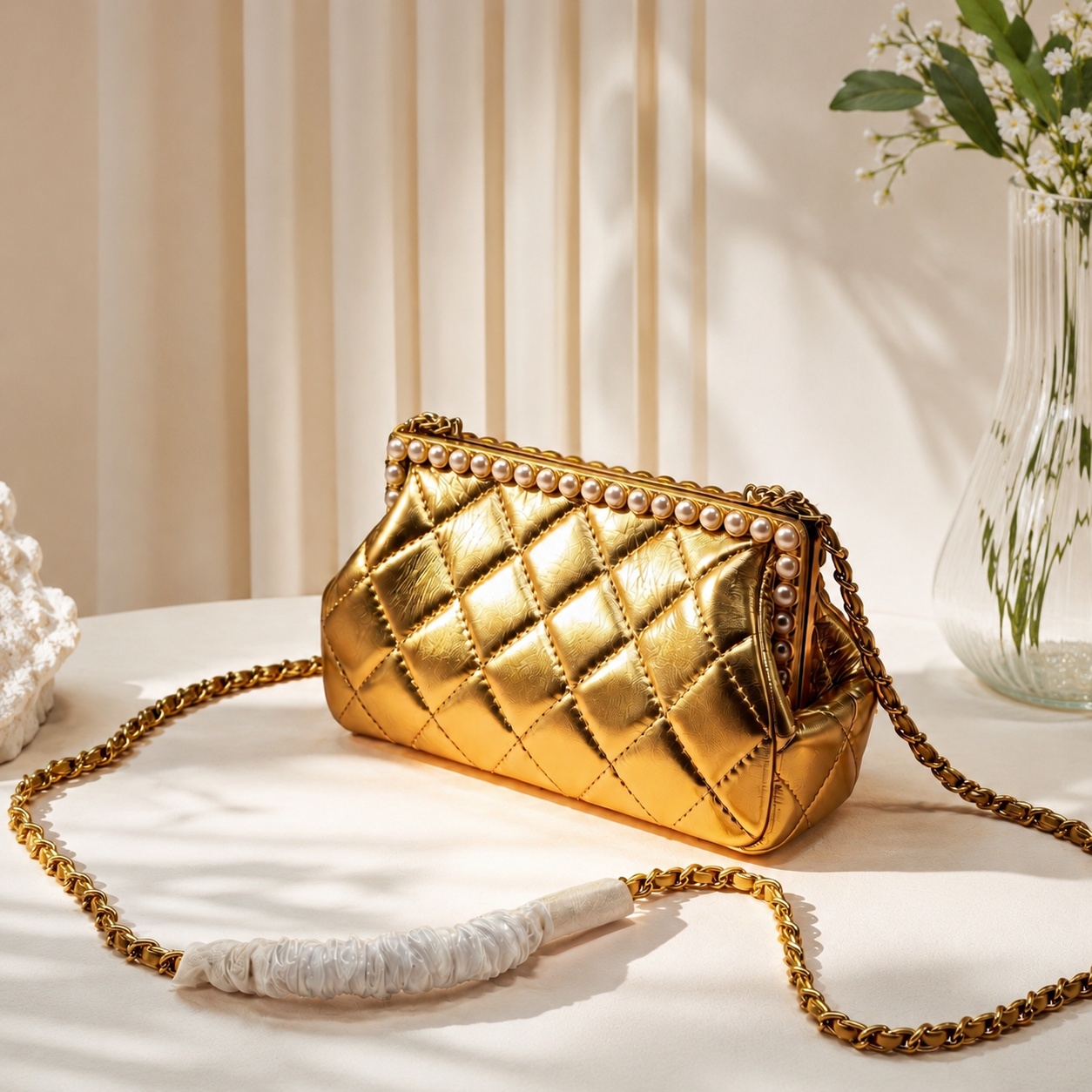Chain Crossbody Quilted - กระเป๋าถือผู้หญิง nobox swipedown หรูหรา คุณภาพสูง กระเป๋าสะพายโซ่ไข่มุกสำหรับงานกลางคืน