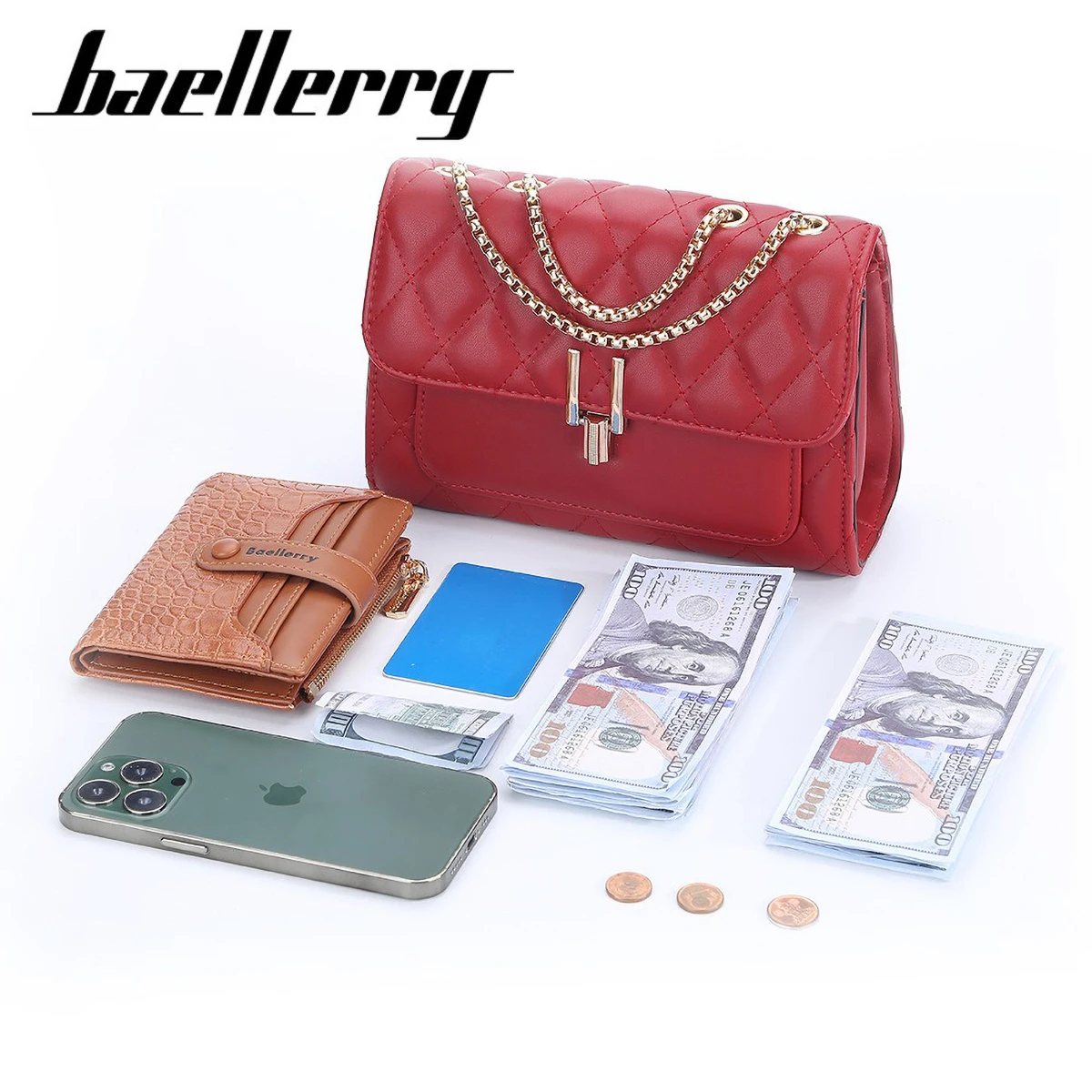 Chain Crossbody Quilted - กระเป๋าสะพายข้างผู้หญิง Baellerry รุ่นเล็ก ทรงสี่เหลี่ยมแบบควิลท์ พร้อมสายโซ่และตัวล็อค ดีไซน์เนอร์กระเป๋าสะพายไหล่สำหรับผู้หญิง