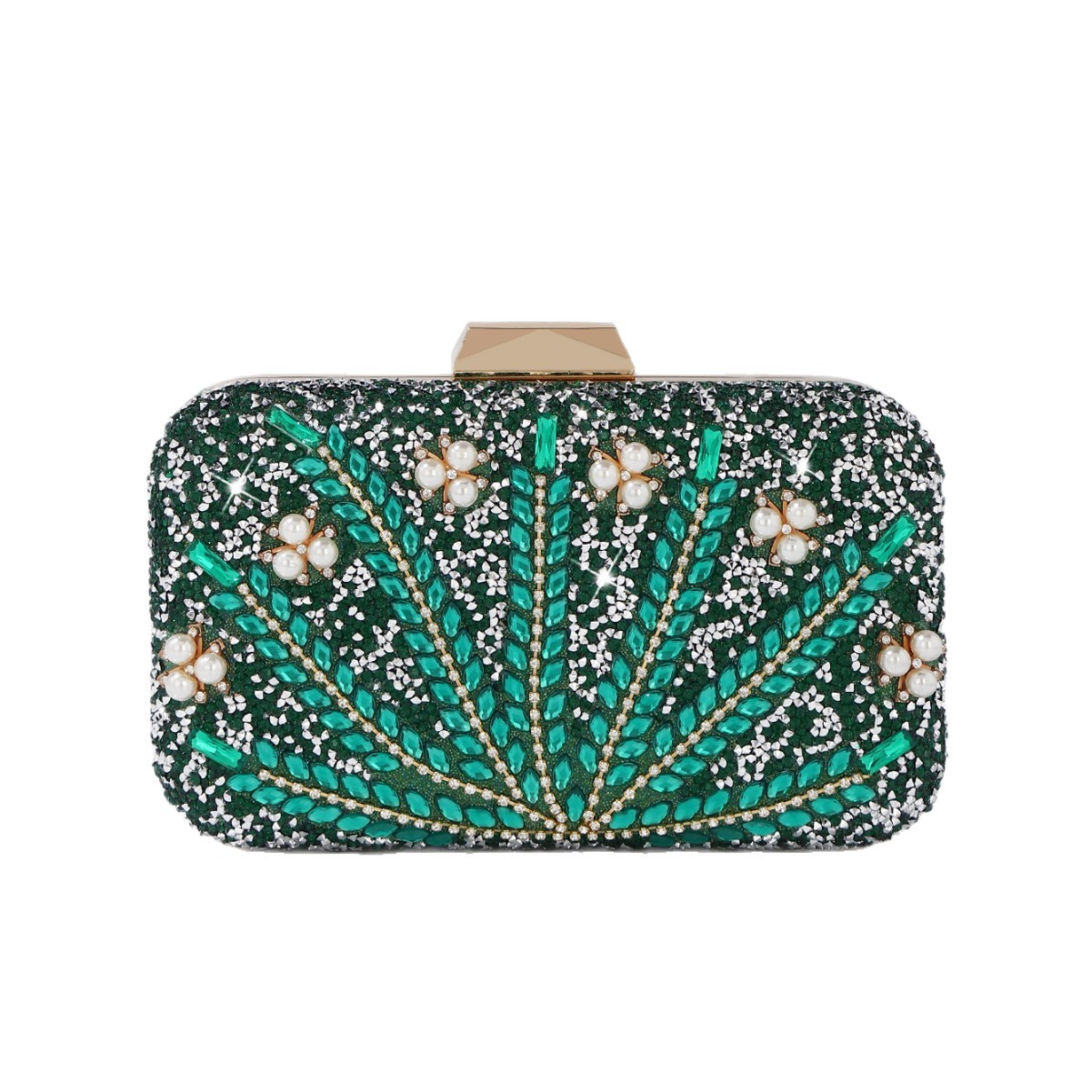 Luxury Bags Green - กระเป๋าคลัทช์สำหรับงานกลางคืนสีเขียวประดับด้วยพลอยเทียมและมุกสุดหรูสำหรับผู้หญิง - กระเป๋าปาร์ตี้ลายดอกไม้ระยิบระยับพร้อมสายโซ่