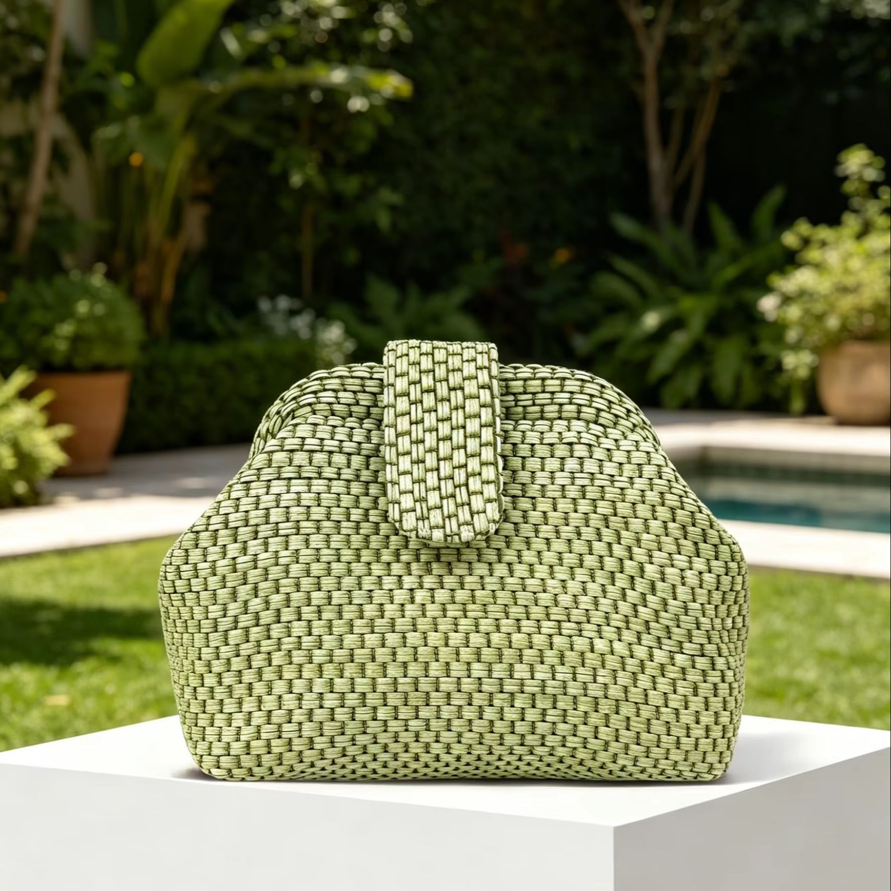 Luxury Bags Green - กระเป๋าคลัทช์สีเขียวอ่อนสไตล์ฝรั่งเศส งานทอมือสุดหรู ทรงแข็งแรง ทนทาน กระเป๋าถือทรงวินเทจทำจากวัสดุเลียนแบบฟาง ขนาดใหญ่