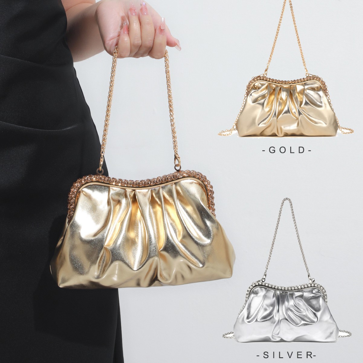 Luxury Bags Quiet - กระเป๋าคลิปหนีบประดับเพชรพลอยหนัง PU หรูหราเงียบสงบระดับพรีเมียม กระเป๋าใส่อาหารค่ำแบบพกพาโซ่โลหะสีทึบทันสมัย