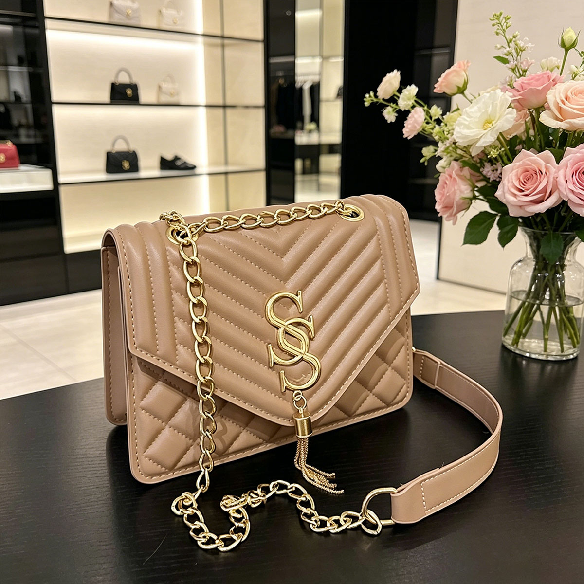 Chain Crossbody Quilted - กระเป๋าสะพายไหล่ทรงสี่เหลี่ยมเล็ก ดีไซน์หรูหรา ประดับลายอาร์ไกล์ พร้อมสายโซ่ ตัวอักษรโลหะ และพู่ห้อย