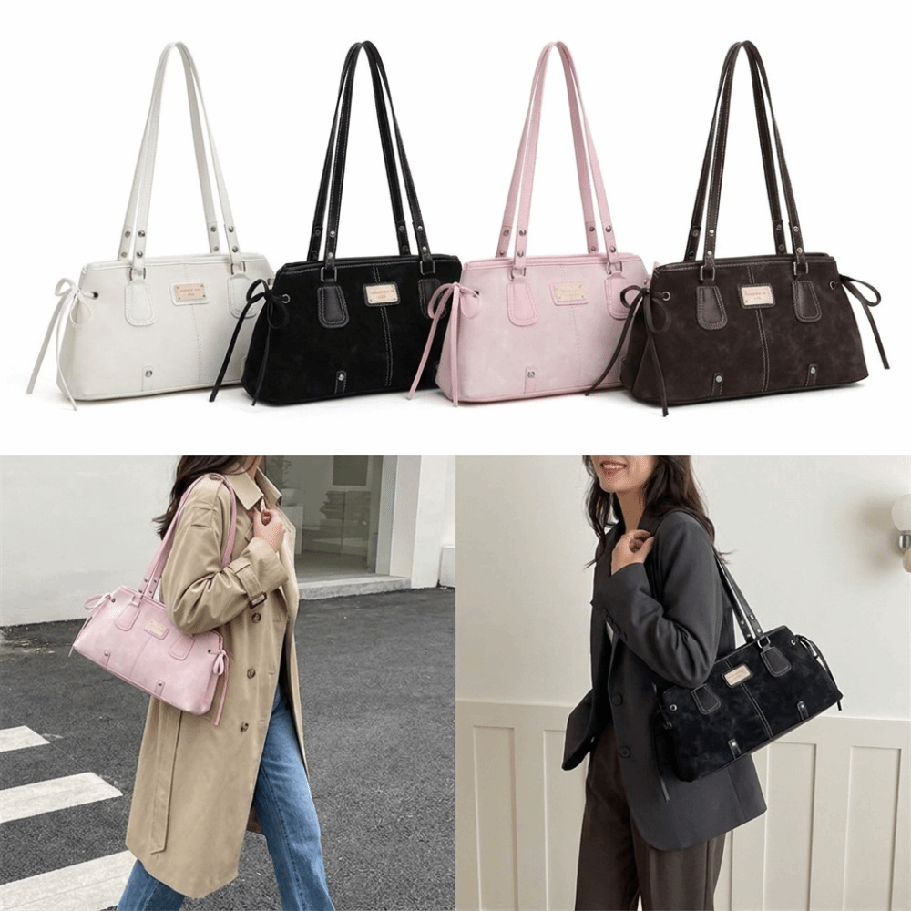 Structured Handbag Top Handle - กระเป๋าโท้ทหนังเทียมสไตล์มินิมอล ซิปปิดด้านบน ทรงแข็งแรง สายสะพายคู่ เย็บตะเข็บตัดสี ใช้ได้ในมหาวิทยาลัย