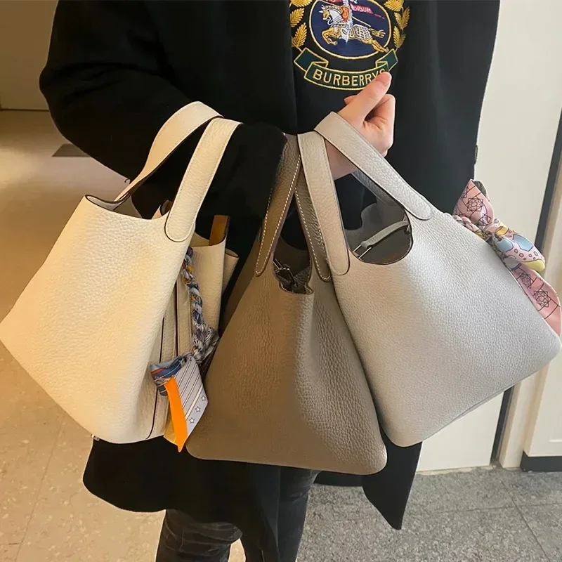 Luxury Bags Office - 2023 ใหม่ContrastสีCowhideกระเป๋าElegant Office Lady All-Matchกระเป๋าถือหนังแท้รูปแบบลิ้นจี่กระเป๋า